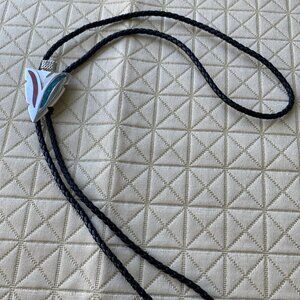 Vintage Western Bolo Tie with Turquoise & Coral Chip Inlay